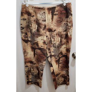 ERIC CASUAL Women's High Waisted Ankle Pants Side Zip Brown Faces Design Size 14